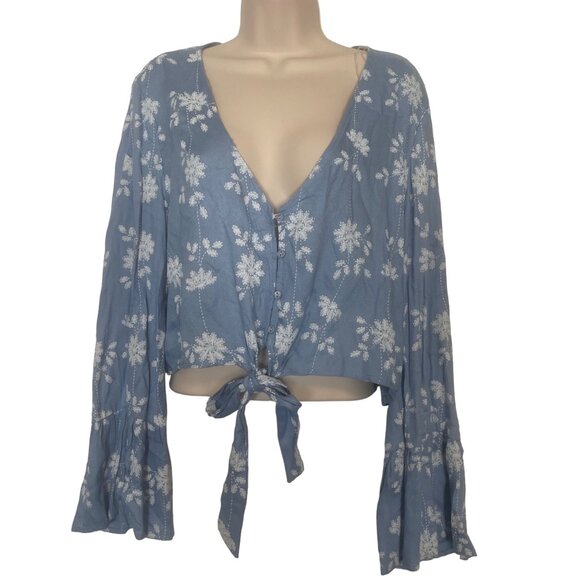 American Rag Womens Blue Floral TieFront Bell Sleeve Blouse XXL Boho Cottagecore - Picture 1 of 12